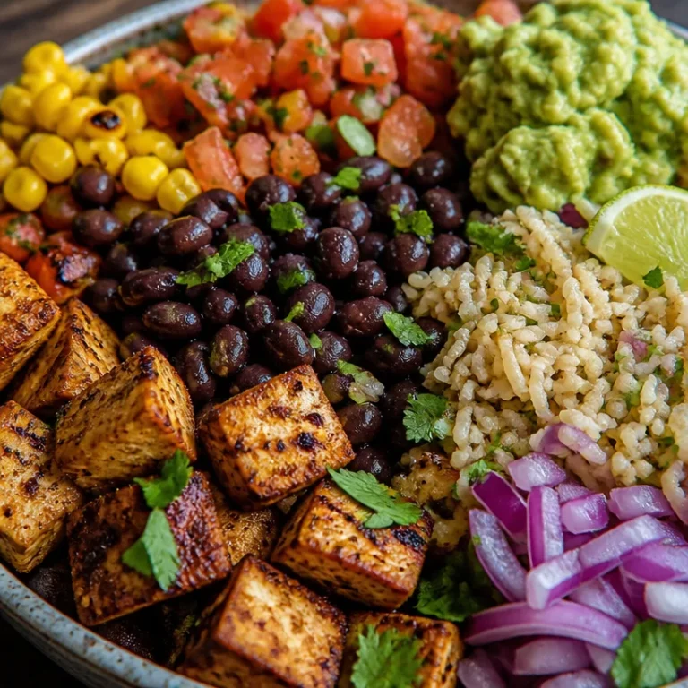 30g Protein Vegan Burrito Bowl with beans, rice, and fresh vegetables