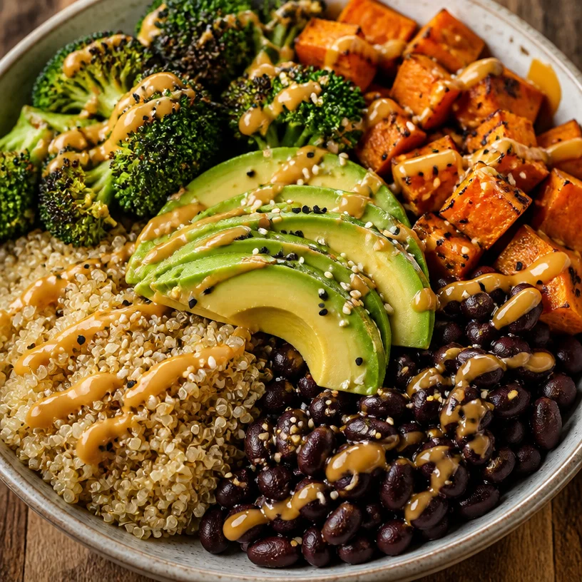 Colorful 5-ingredient Vegan Buddha Bowl filled with fresh vegetables and grains