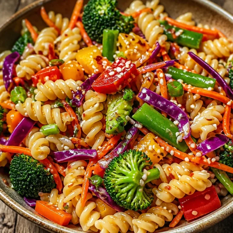 Bowl of gluten-free vegan Asian pasta salad with colorful vegetables
