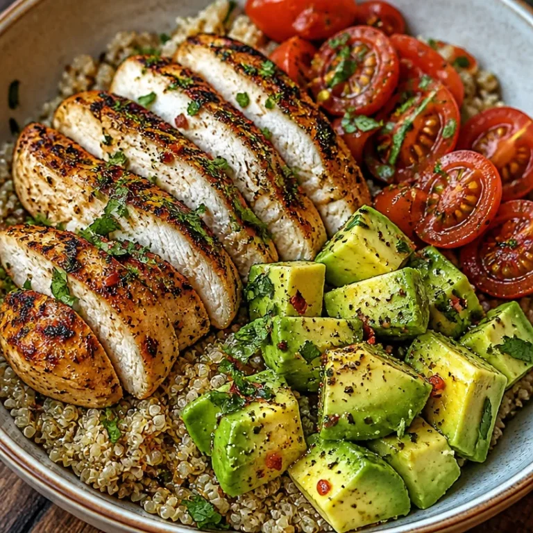 Healthy Avocado Chicken Quinoa Bowl with fresh ingredients and vibrant colors