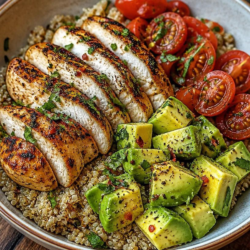 Healthy Avocado Chicken Quinoa Bowl with fresh ingredients and vibrant colors