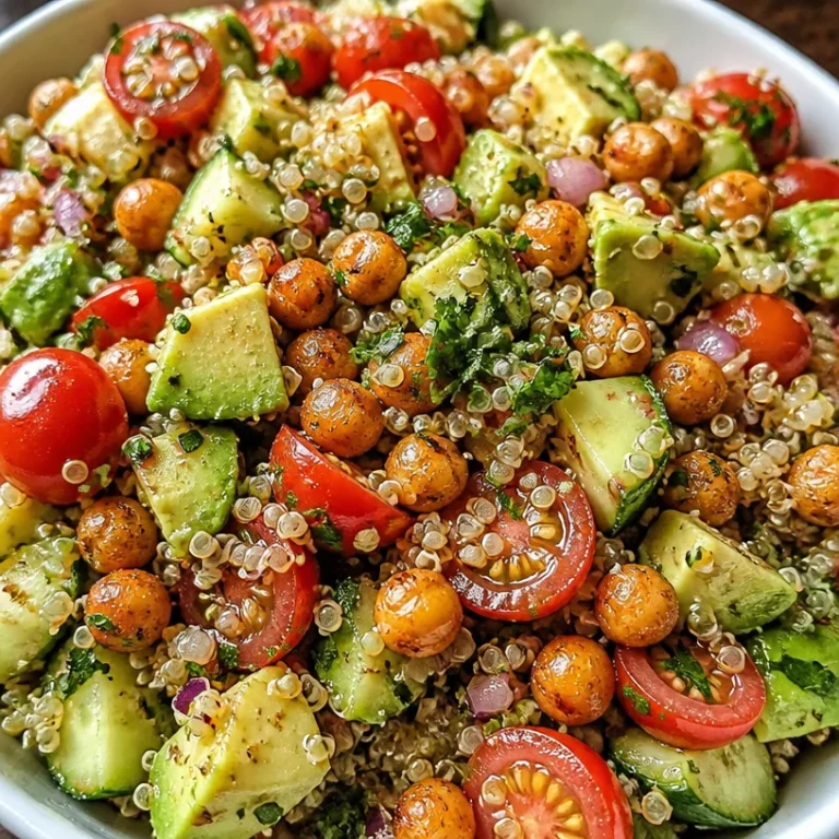 Avocado quinoa salad topped with spiced chickpeas, vibrant and nutritious dish.