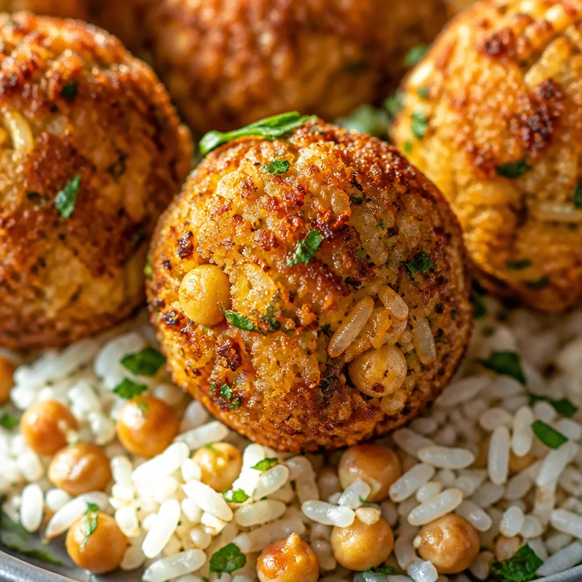 Baked chickpea rice balls displayed on a plate with herbs
