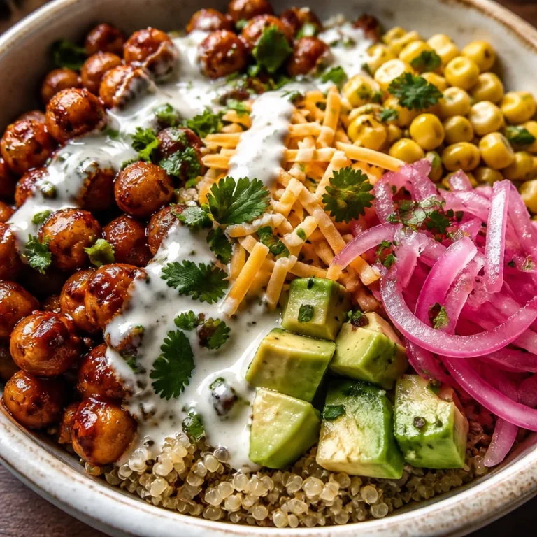 BBQ Ranch Chickpea Quinoa Bowl topped with fresh vegetables