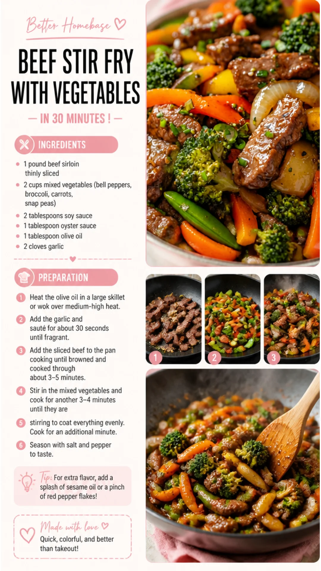Delicious beef stir fry with colorful vegetables in a hot skillet.