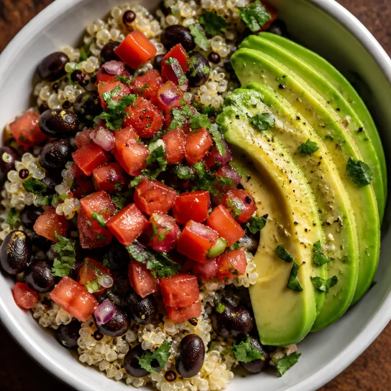 Delicious Black Bean Quinoa Bowl with fresh vegetables and herbs