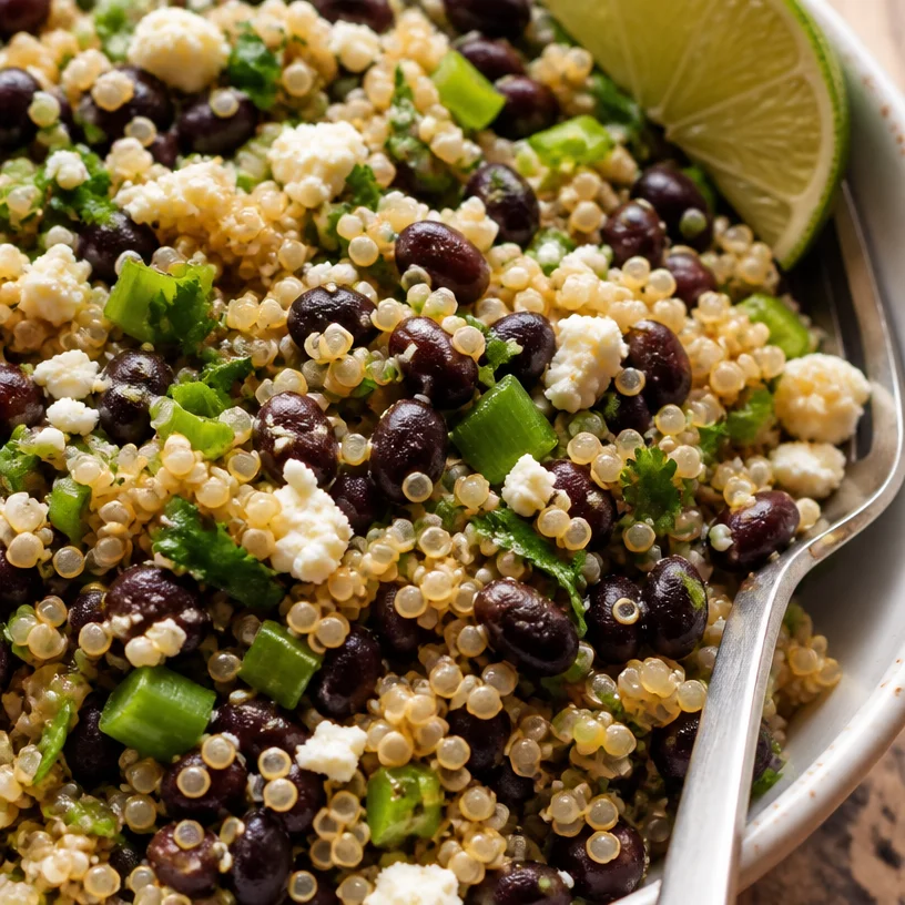 Delicious black bean quinoa salad with colorful vegetables and fresh herbs