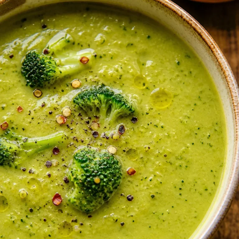 Deliciously creamy broccoli soup made in a blender, garnished with fresh herbs.