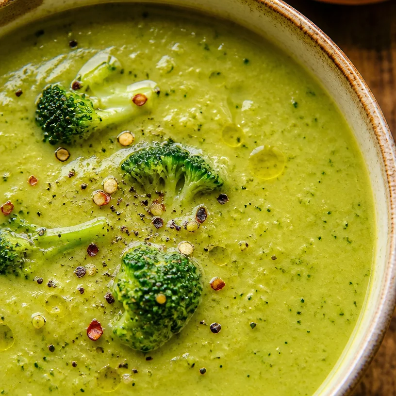 Deliciously creamy broccoli soup made in a blender, garnished with fresh herbs.