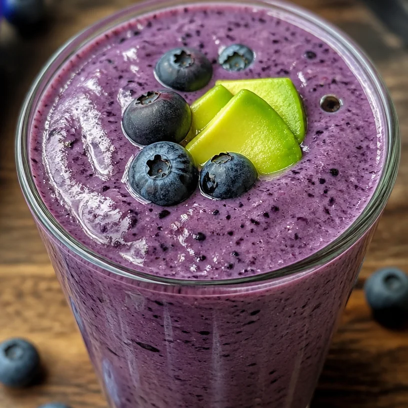 Blueberry avocado smoothie in a glass, topped with fresh blueberries and avocado slices.