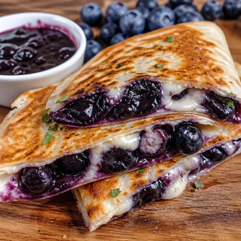 Delicious blueberry breakfast quesadilla served on a plate with fresh blueberries