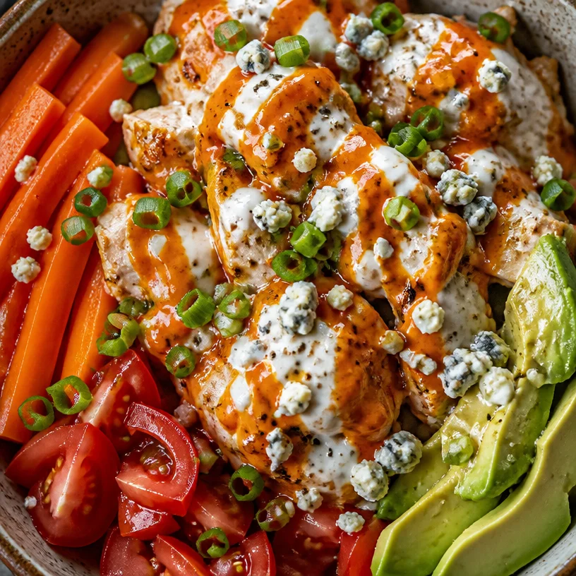 Buffalo Chicken Protein Bowl with fresh ingredients and toppings