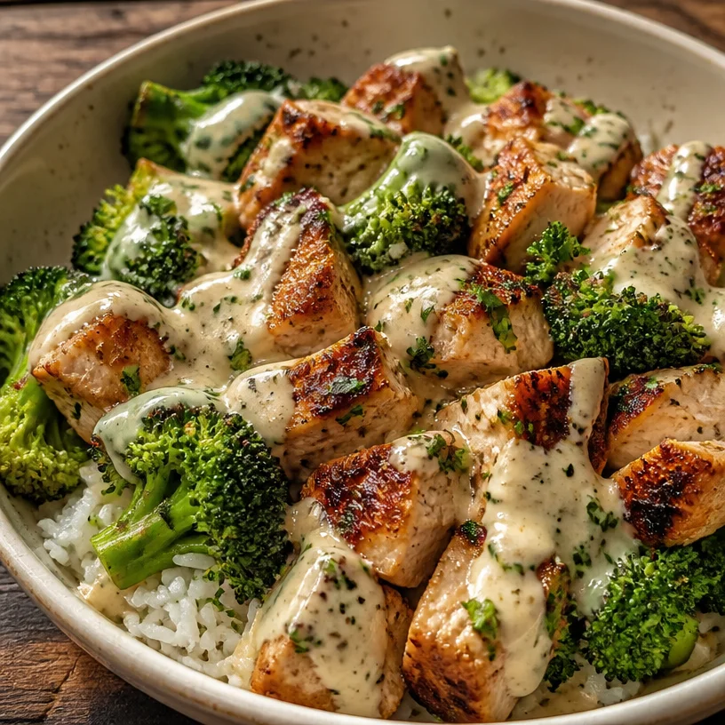Chicken and broccoli bowls with creamy garlic sauce on a plate