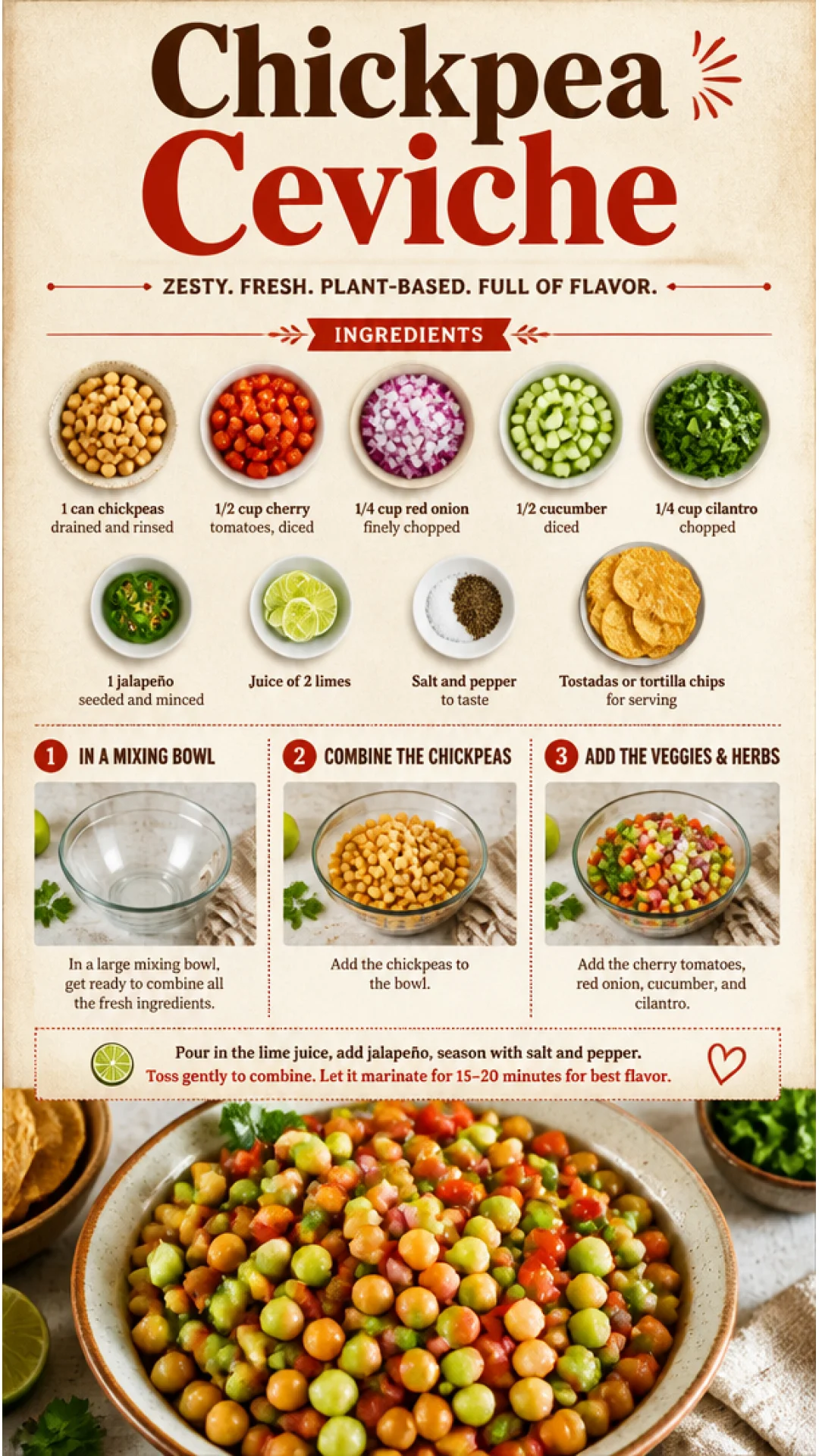 Refreshing Chickpea Ceviche served in a bowl with lime and fresh veggies