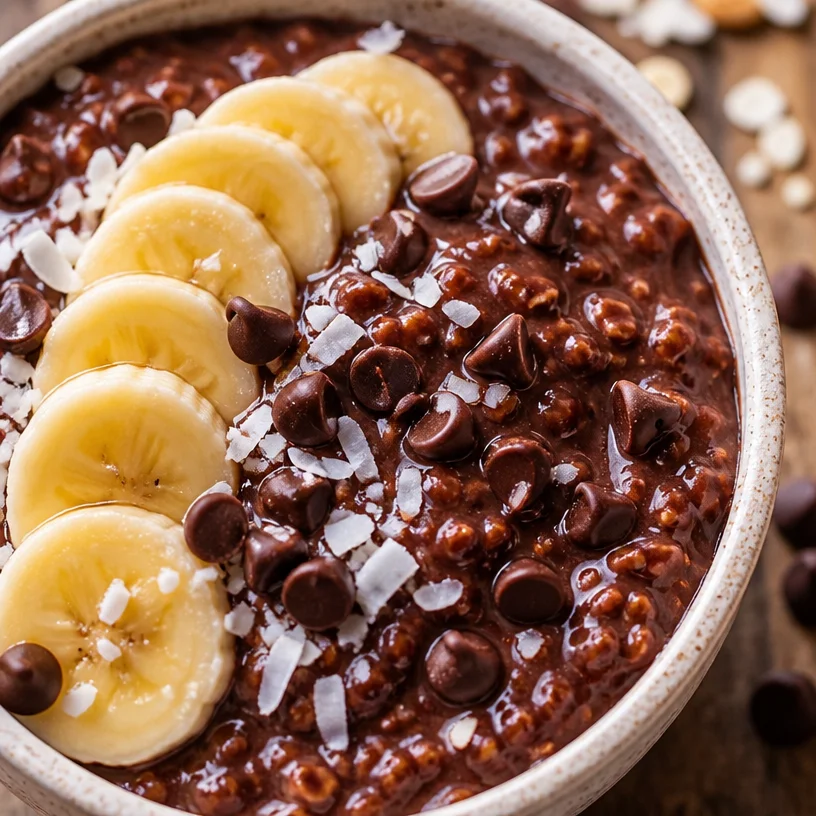 Bowl of chocolate oatmeal topped with fruits and nuts, a healthy breakfast option.