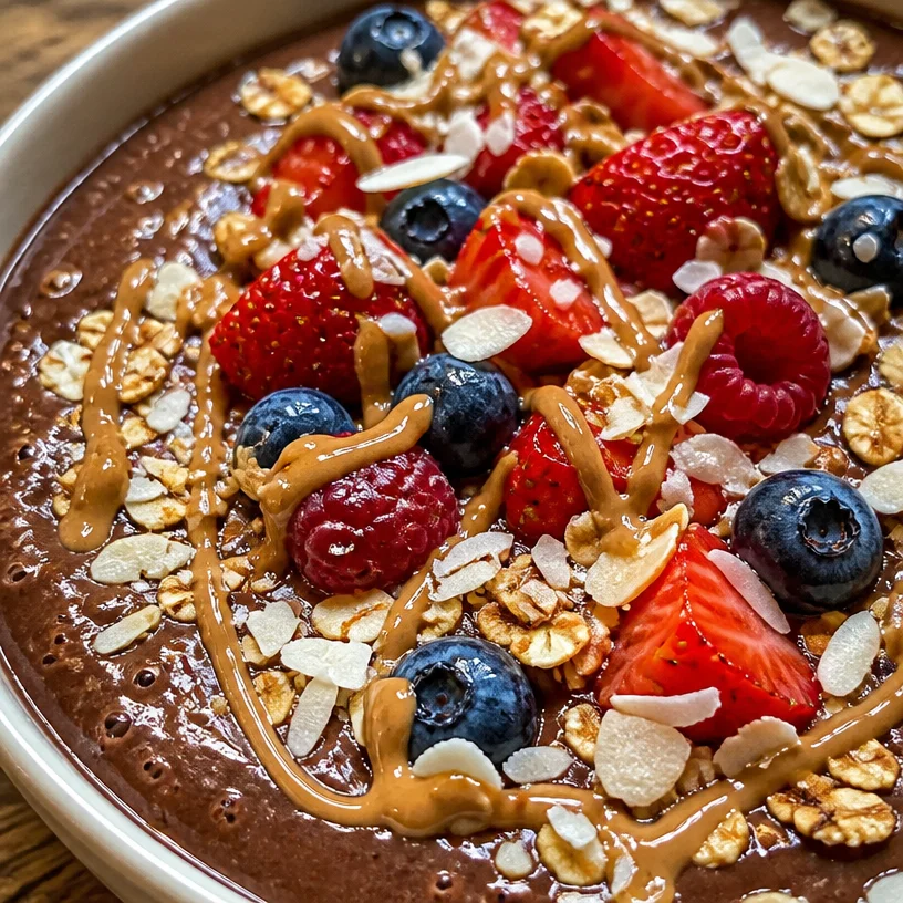 Delicious chocolate smoothie bowl topped with fruits and nuts