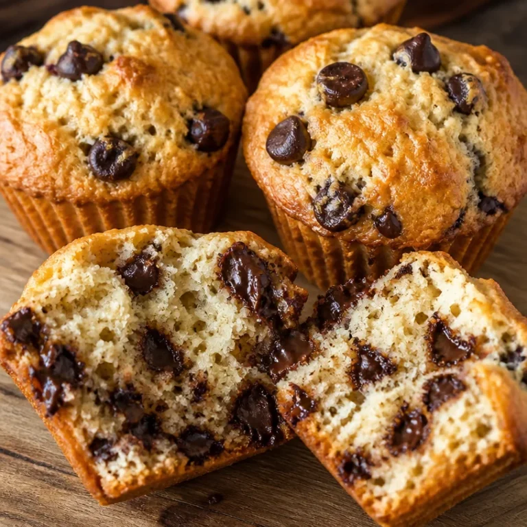 Cottage cheese muffins with chocolate chips on a wooden table