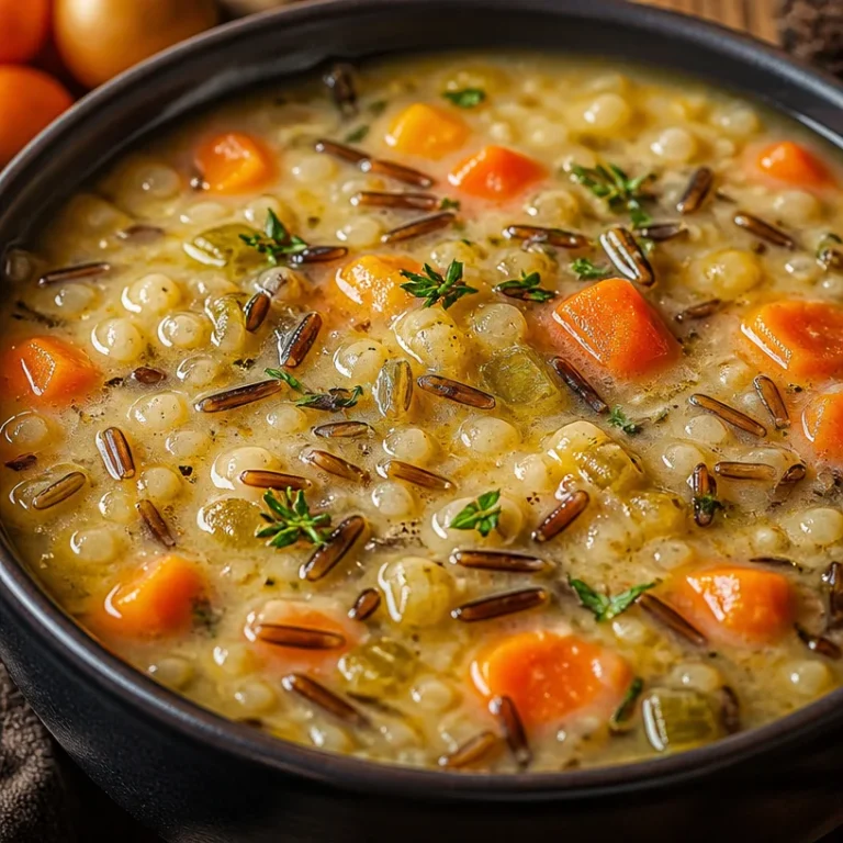 Bowl of cozy autumn wild rice soup with vegetables and herbs