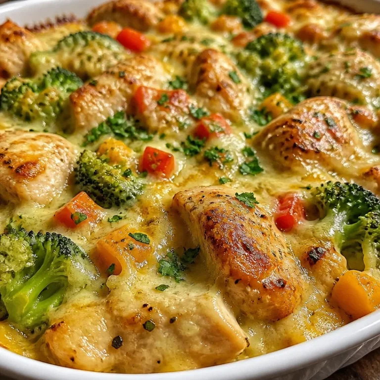 Cozy Cottage Chicken Casserole topped with herbs and cheese in a baking dish