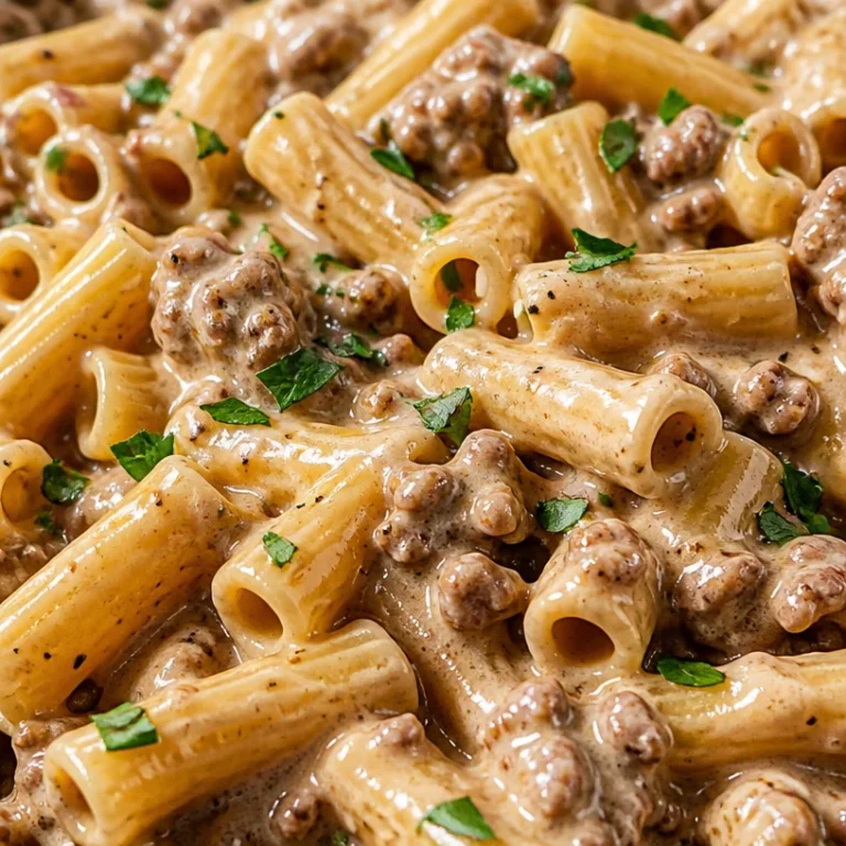 Creamy beef pasta dish with noodles and savory sauce