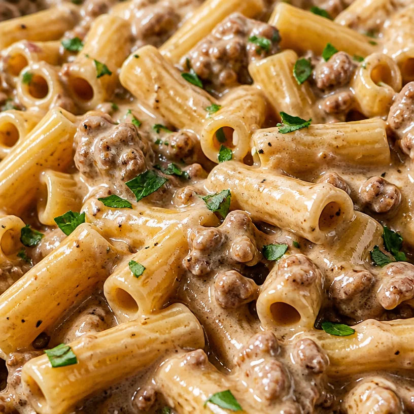 Creamy beef pasta dish with noodles and savory sauce