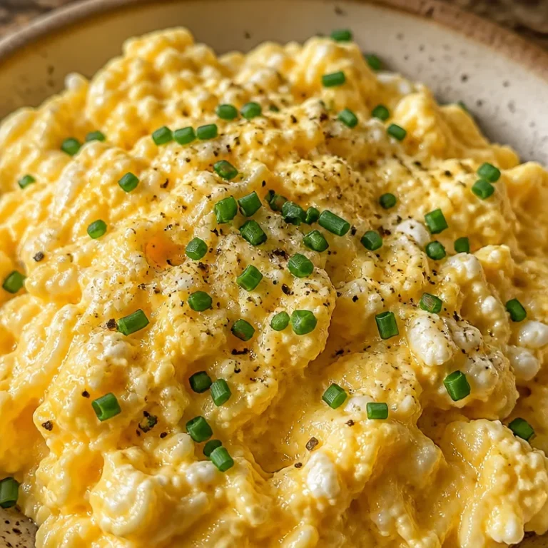 Creamy cottage cheese scrambled eggs served on a plate
