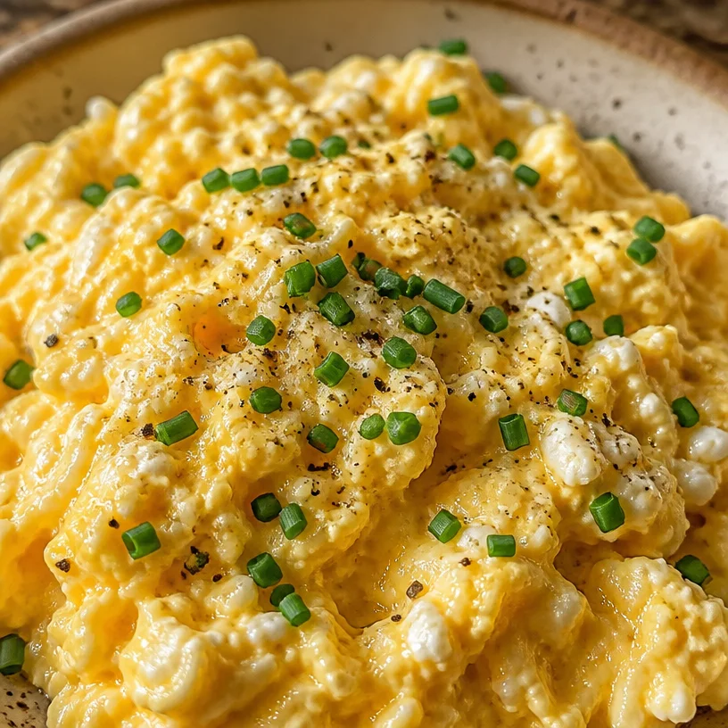 Creamy cottage cheese scrambled eggs served on a plate
