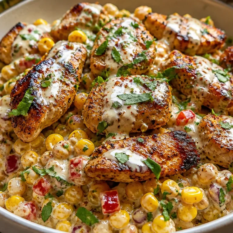 Creamy high protein chicken street corn salad served in a bowl