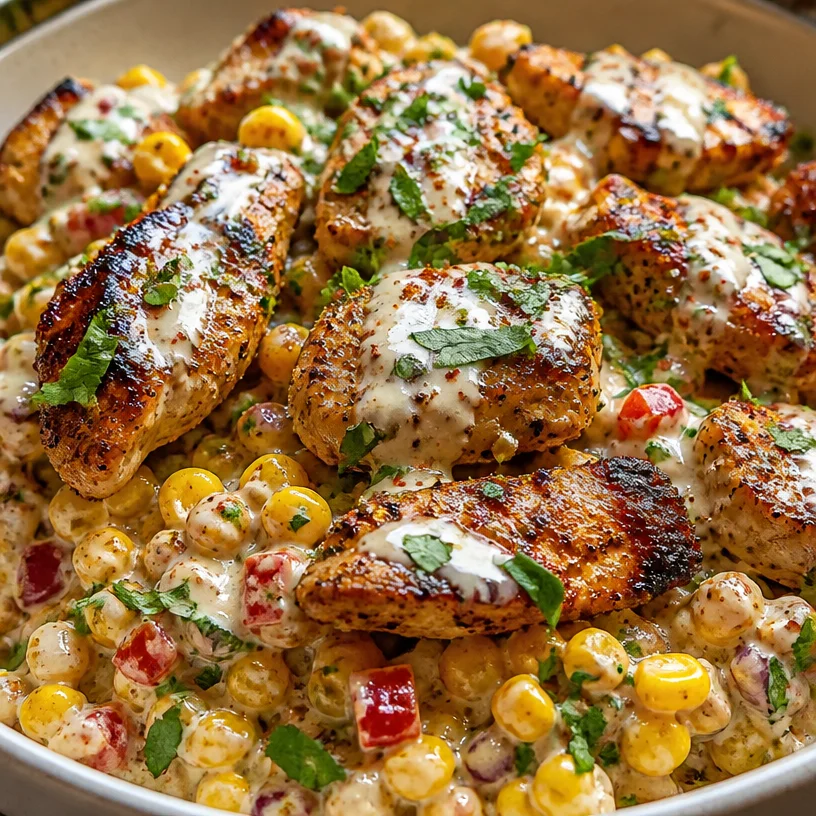 Creamy high protein chicken street corn salad served in a bowl
