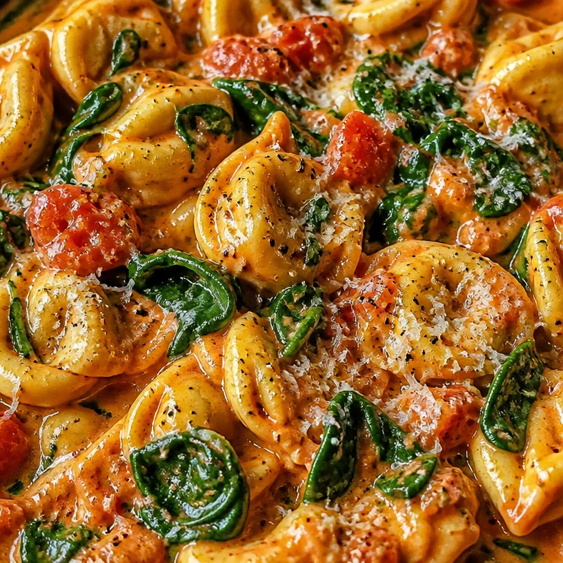 Creamy spinach tomato tortellini served in a bowl, garnished with herbs