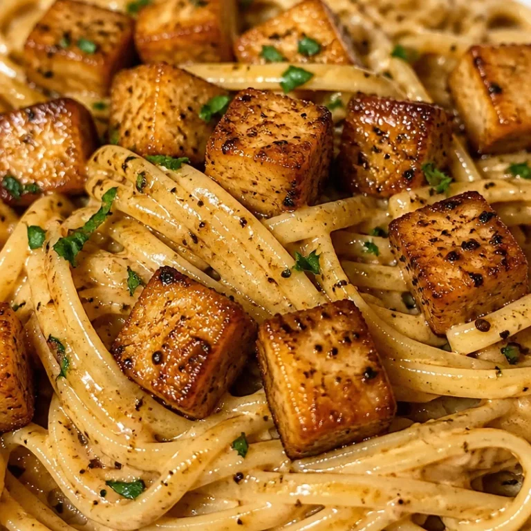 Creamy vegan carbonara dish topped with fresh herbs and plant-based cheese