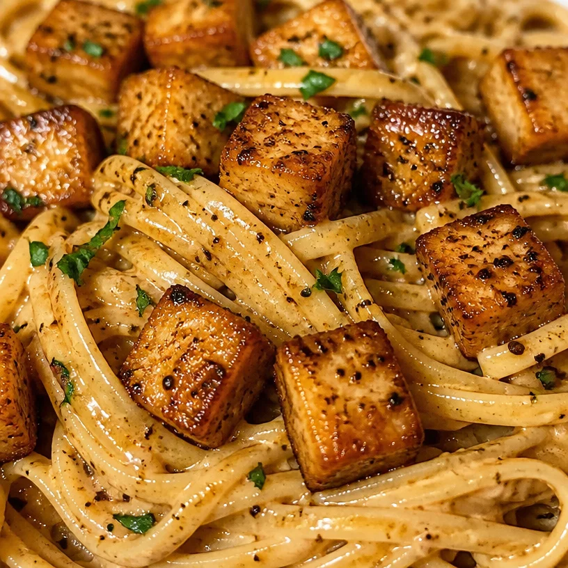 Creamy vegan carbonara dish topped with fresh herbs and plant-based cheese
