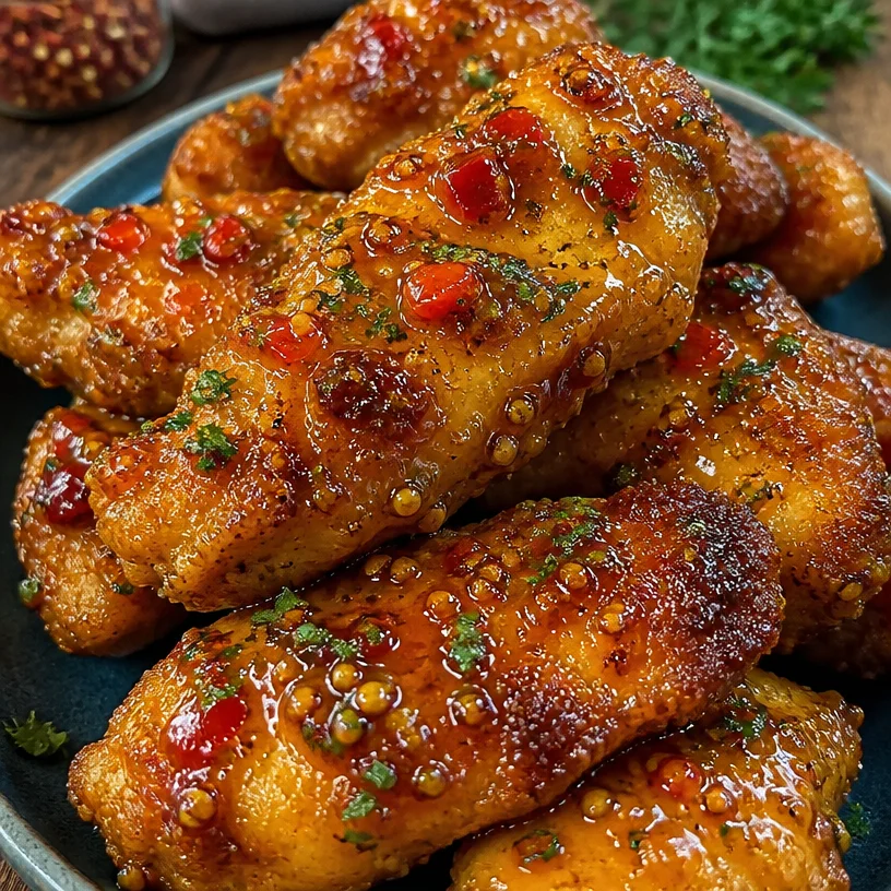 Crispy air fryer chicken tenderloins topped with spicy honey mustard glaze