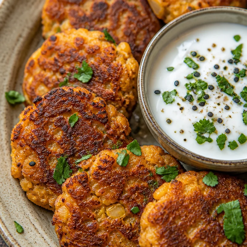 Plate of deliciously wholesome chickpea patties garnished with herbs