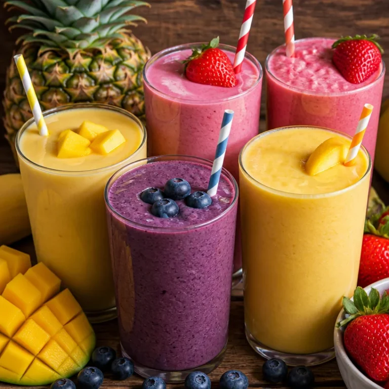 Five easy vibrant vegan breakfast smoothies in colorful glasses.