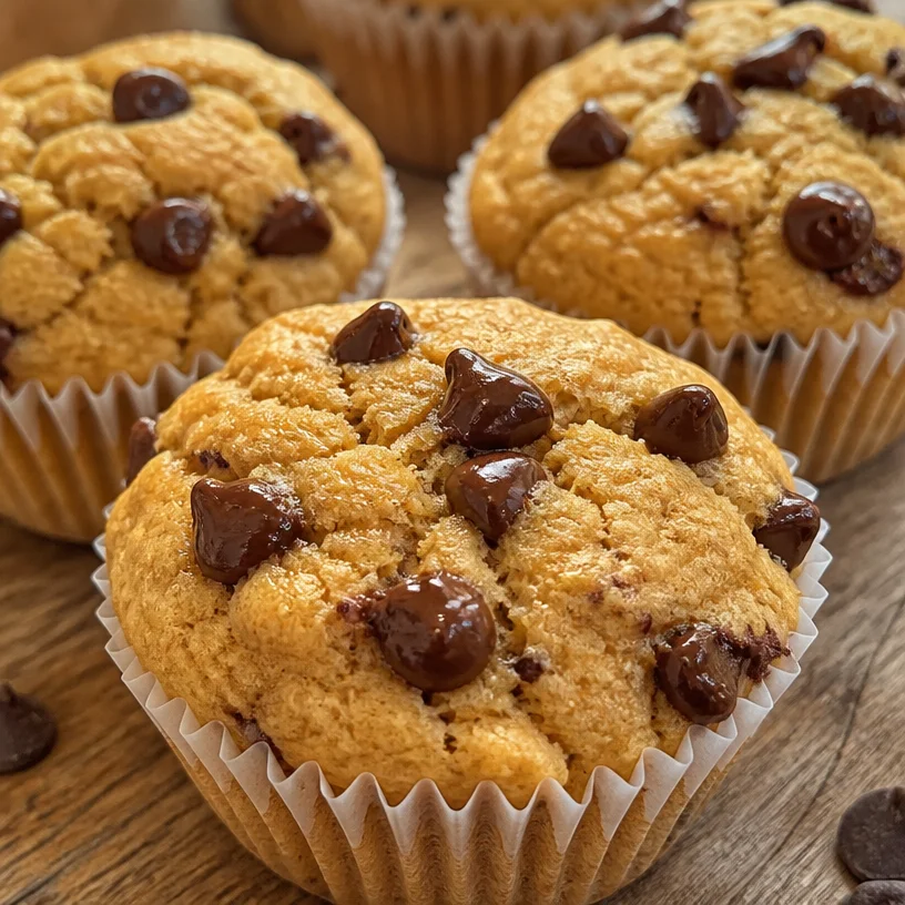 Fluffy peanut butter chickpea muffins presented on a wooden table
