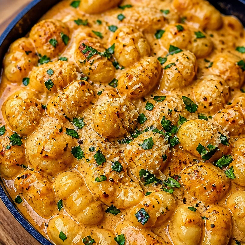 Delicious Garlic Cream Gnocchi served in a bowl with herbs