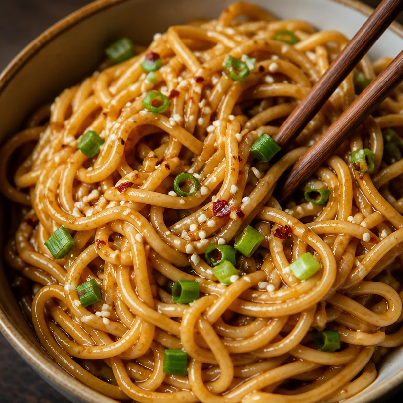 Delicious bowl of Garlic Sesame Noodles topped with sesame seeds and herbs