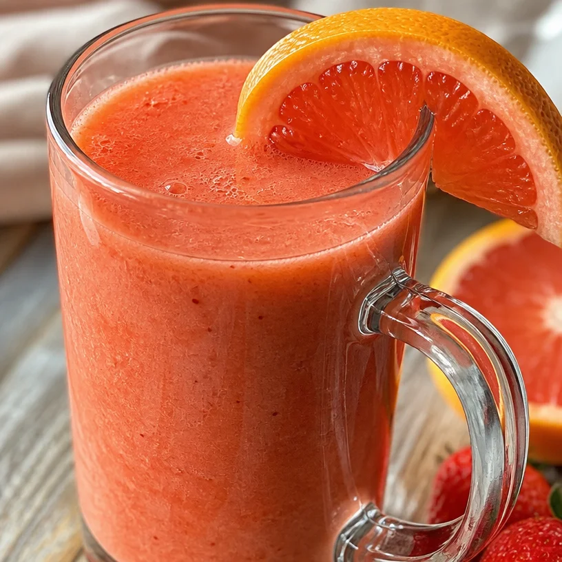 A colorful Good Morning Sunshine Breakfast Smoothie in a glass, garnished with fruit.