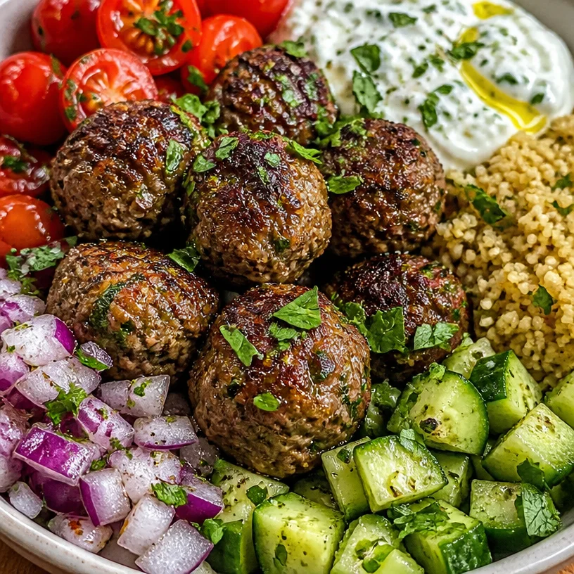 Delicious Greek meatball bowl with fresh ingredients and flavors