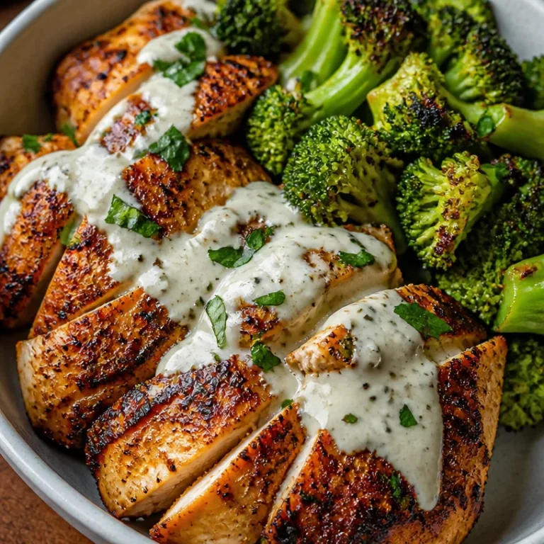 Grilled chicken and broccoli bowls with creamy garlic sauce on a plate