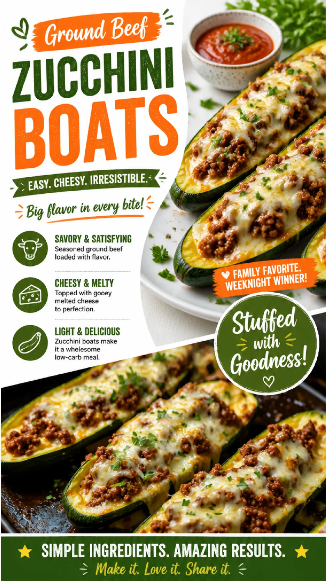 Ground Beef Zucchini Boats recipe with melted cheese and fresh herbs