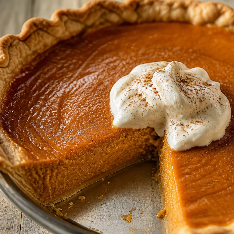 Slice of healthier pumpkin pie topped with whipped cream on a rustic plate