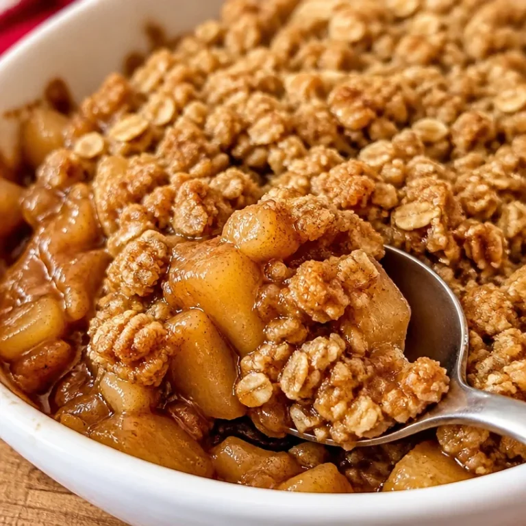 Healthy breakfast apple crumble topped with oats and cinnamon in a bowl.