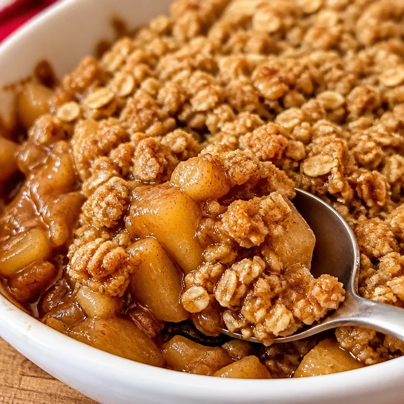 Healthy breakfast apple crumble topped with oats and cinnamon in a bowl.