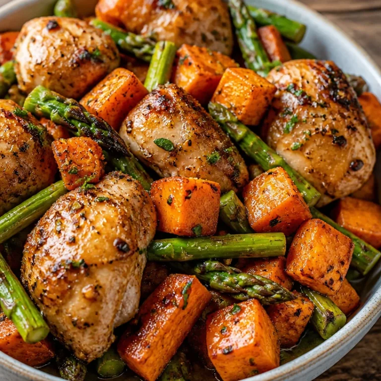 Healthy chicken and sweet potato meal plated with vegetables