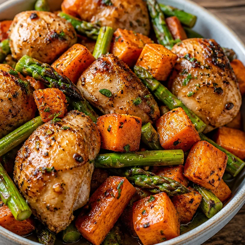 Healthy chicken and sweet potato meal plated with vegetables