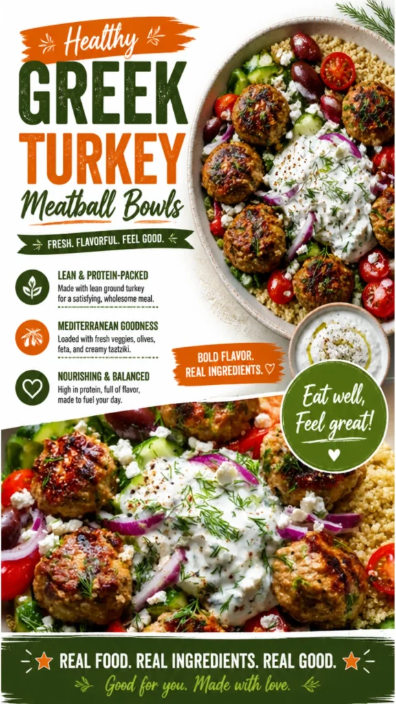 Healthy Greek turkey meatball bowl with fresh veggies and quinoa