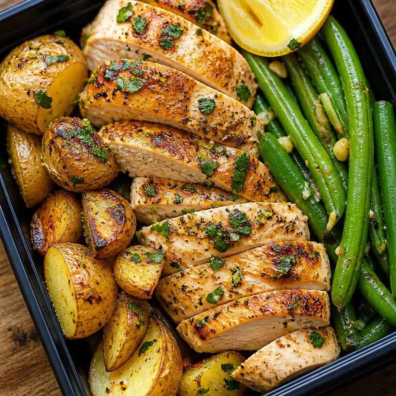 Healthy lemon garlic chicken meal prep bowls with vegetables and grains
