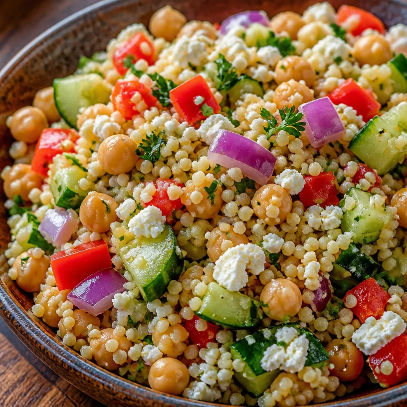 Healthy Mediterranean Couscous Salad with colorful vegetables and herbs